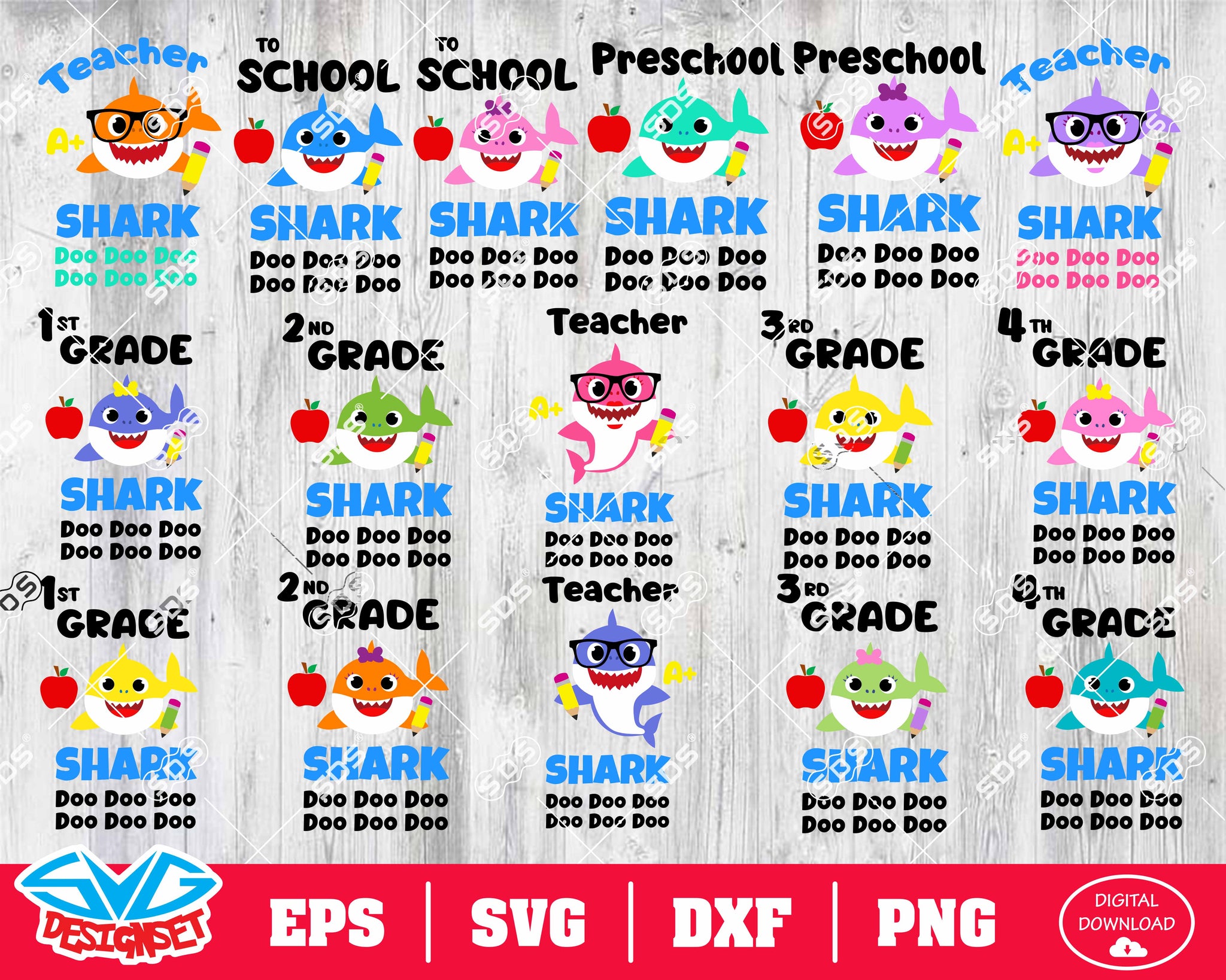 School Shark Bundle Svg, Dxf, Eps, Png, Clipart, Silhouette and Cutfiles - SVGDesignSets