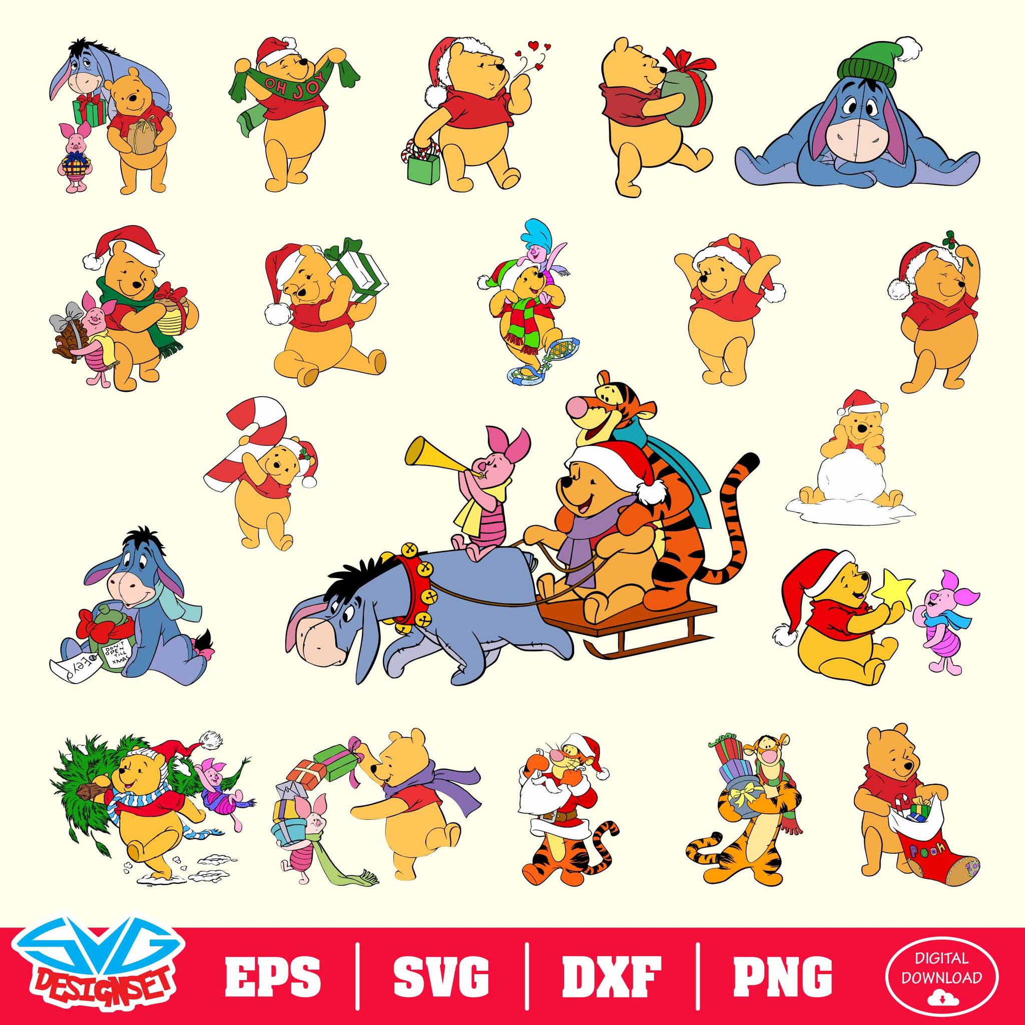 Winnie The Pooh Christmas Bundle Svg, Dxf, Eps, Png, Clipart, Silhouette and Cutfiles #001 - SVGDesignSets